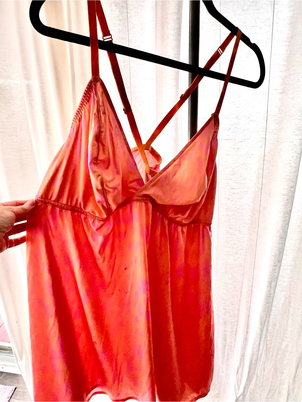 Silky Orange/ Pink Satin Chemise Cacique Nightdress with Adjustable Straps